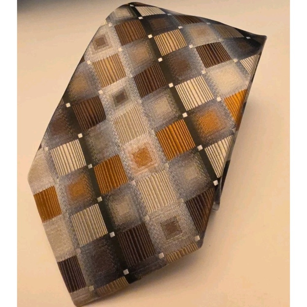 Croft & Barrow Mens Formal Necktie Gray Brown Geometric Square Tie 57x3.5